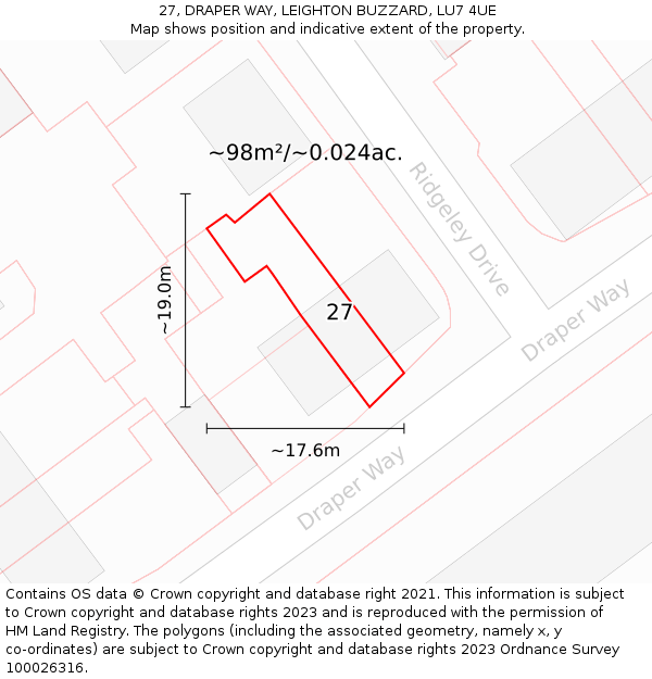 27, DRAPER WAY, LEIGHTON BUZZARD, LU7 4UE: Plot and title map