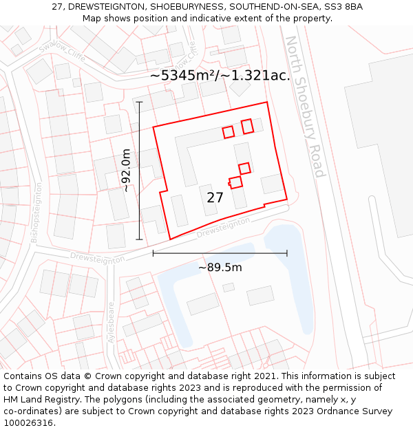 27, DREWSTEIGNTON, SHOEBURYNESS, SOUTHEND-ON-SEA, SS3 8BA: Plot and title map