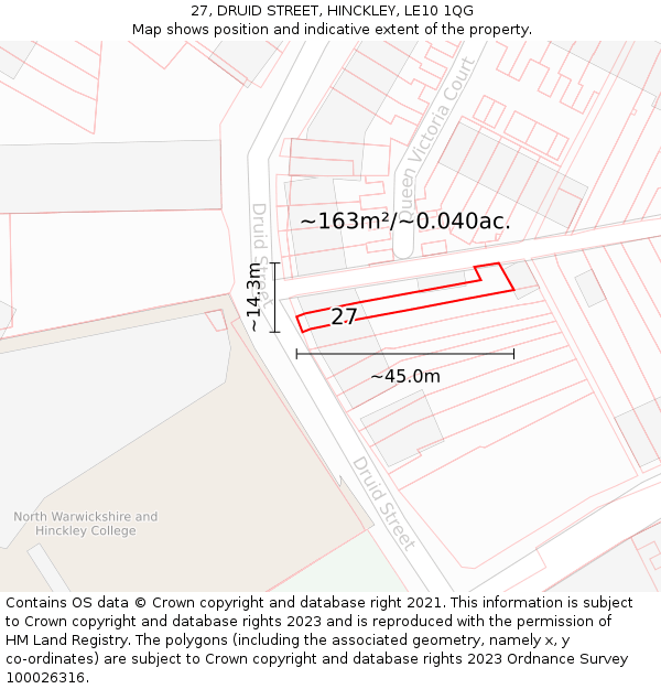 27, DRUID STREET, HINCKLEY, LE10 1QG: Plot and title map