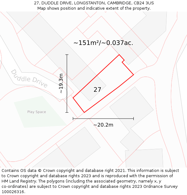 27, DUDDLE DRIVE, LONGSTANTON, CAMBRIDGE, CB24 3US: Plot and title map