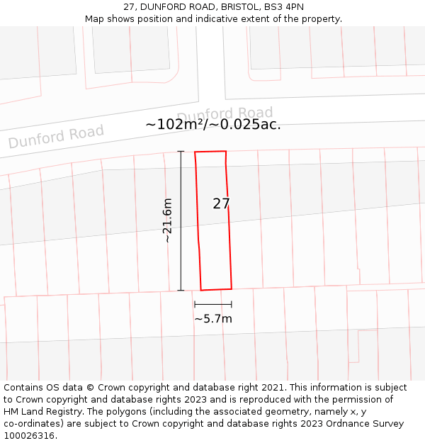 27, DUNFORD ROAD, BRISTOL, BS3 4PN: Plot and title map