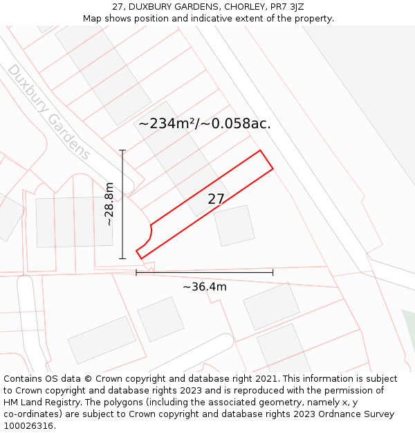 27, DUXBURY GARDENS, CHORLEY, PR7 3JZ: Plot and title map