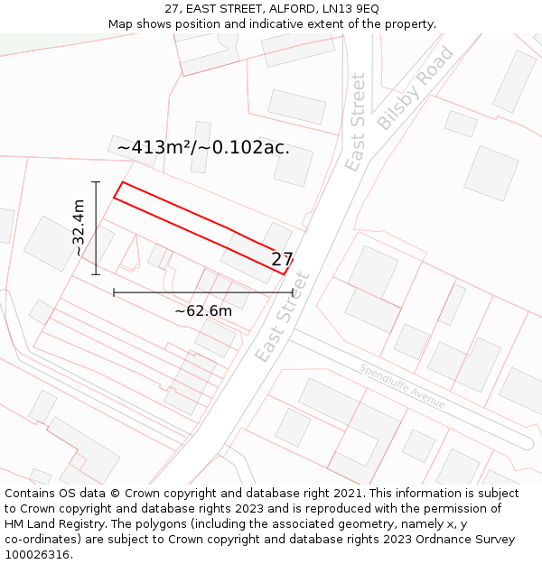 27, EAST STREET, ALFORD, LN13 9EQ: Plot and title map