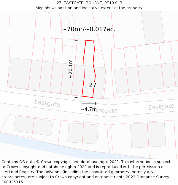27, EASTGATE, BOURNE, PE10 9LB: Plot and title map