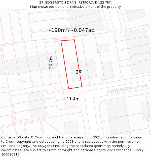 27, EDGBASTON DRIVE, RETFORD, DN22 7HN: Plot and title map