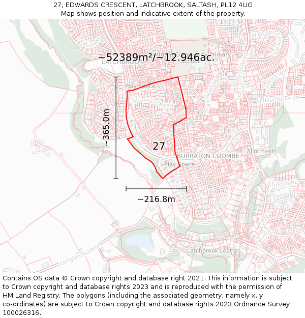 27, EDWARDS CRESCENT, LATCHBROOK, SALTASH, PL12 4UG: Plot and title map