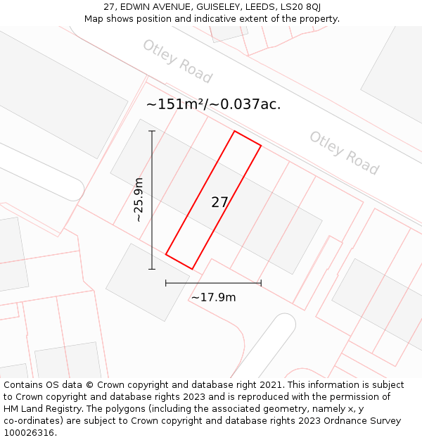 27, EDWIN AVENUE, GUISELEY, LEEDS, LS20 8QJ: Plot and title map