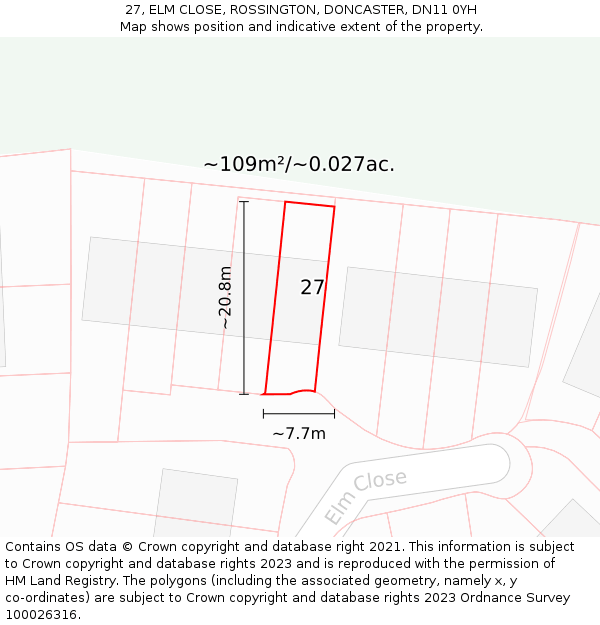 27, ELM CLOSE, ROSSINGTON, DONCASTER, DN11 0YH: Plot and title map