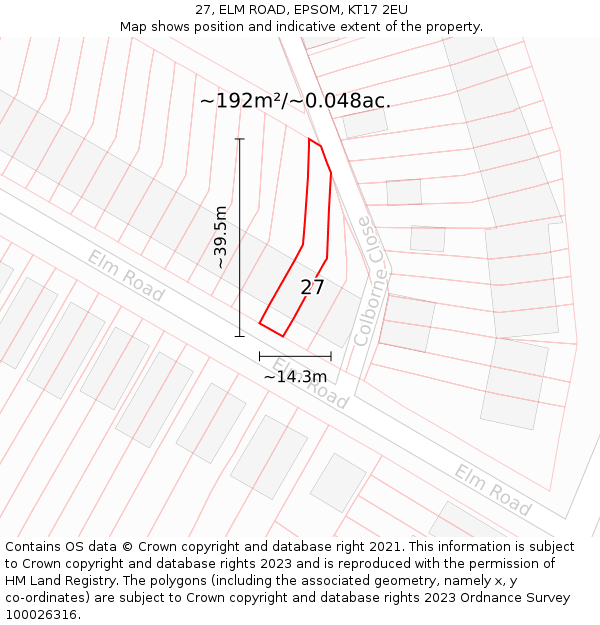 27, ELM ROAD, EPSOM, KT17 2EU: Plot and title map