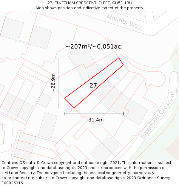 27, ELVETHAM CRESCENT, FLEET, GU51 1BU: Plot and title map