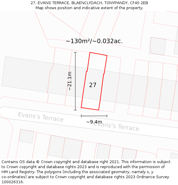 27, EVANS TERRACE, BLAENCLYDACH, TONYPANDY, CF40 2EB: Plot and title map