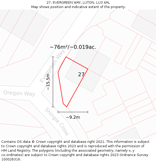 27, EVERGREEN WAY, LUTON, LU3 4AL: Plot and title map