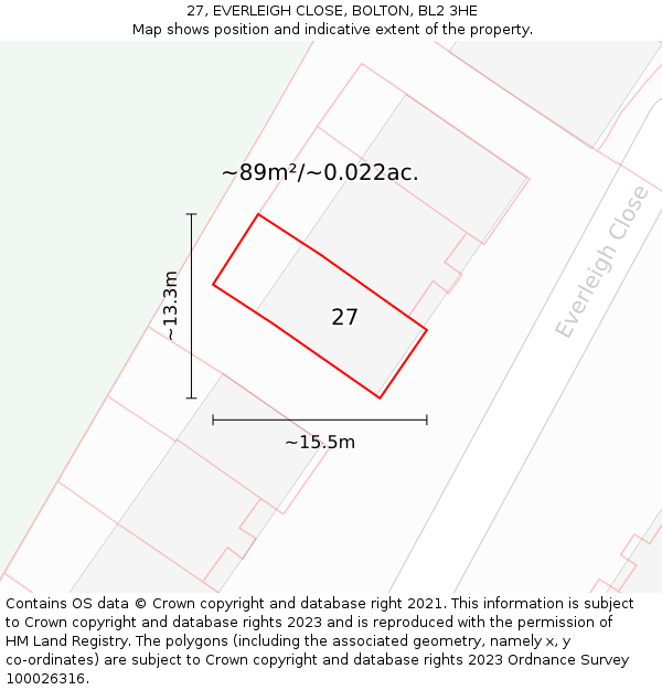 27, EVERLEIGH CLOSE, BOLTON, BL2 3HE: Plot and title map