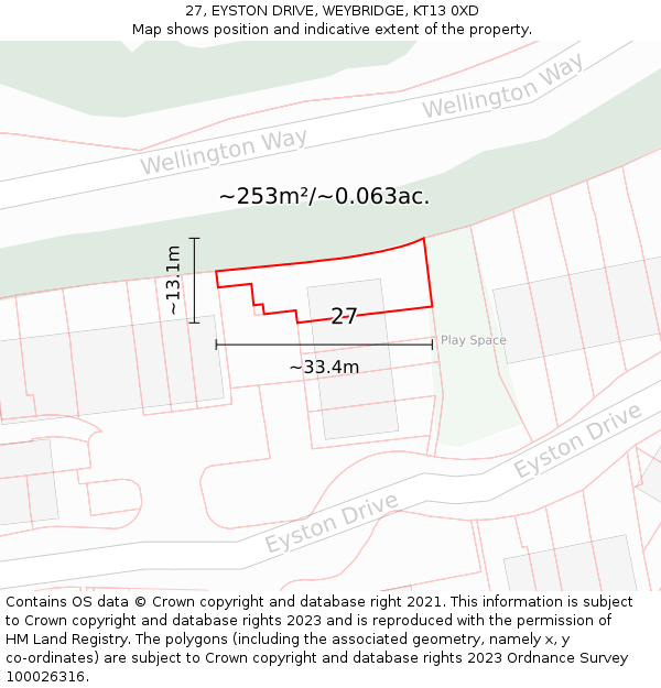 27, EYSTON DRIVE, WEYBRIDGE, KT13 0XD: Plot and title map