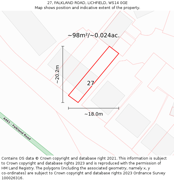 27, FALKLAND ROAD, LICHFIELD, WS14 0GE: Plot and title map