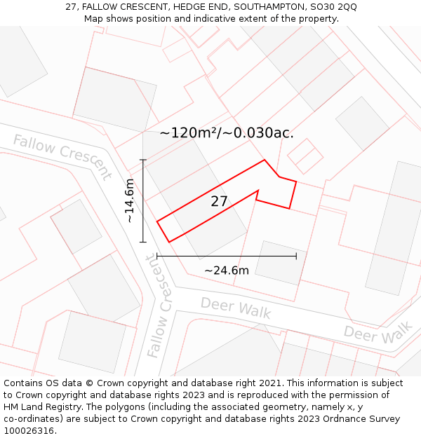 27, FALLOW CRESCENT, HEDGE END, SOUTHAMPTON, SO30 2QQ: Plot and title map