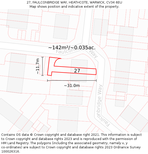 27, FAULCONBRIDGE WAY, HEATHCOTE, WARWICK, CV34 6EU: Plot and title map