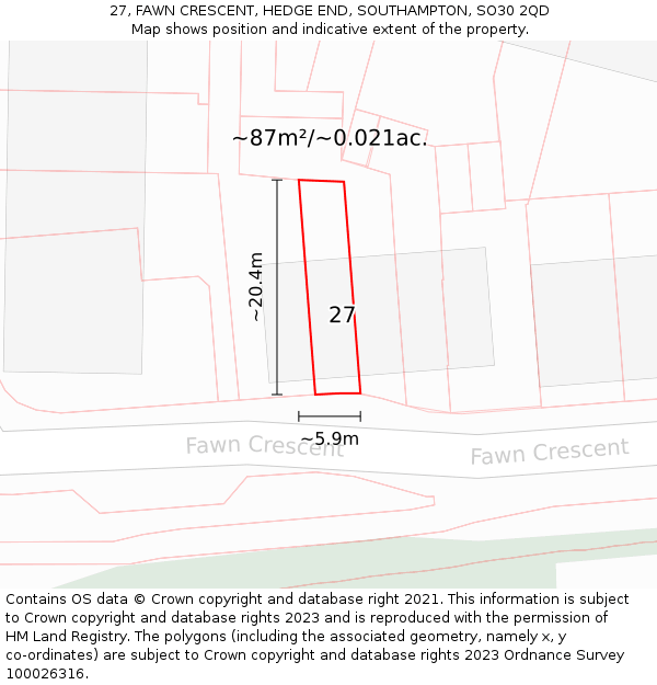 27, FAWN CRESCENT, HEDGE END, SOUTHAMPTON, SO30 2QD: Plot and title map