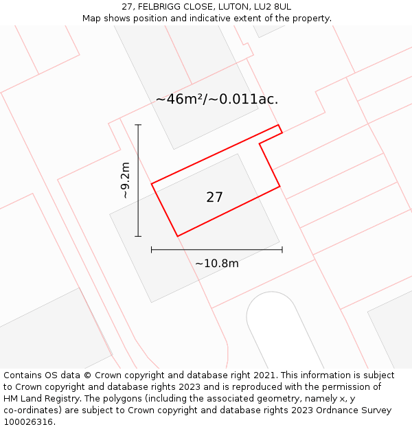 27, FELBRIGG CLOSE, LUTON, LU2 8UL: Plot and title map