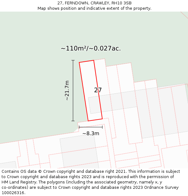 27, FERNDOWN, CRAWLEY, RH10 3SB: Plot and title map