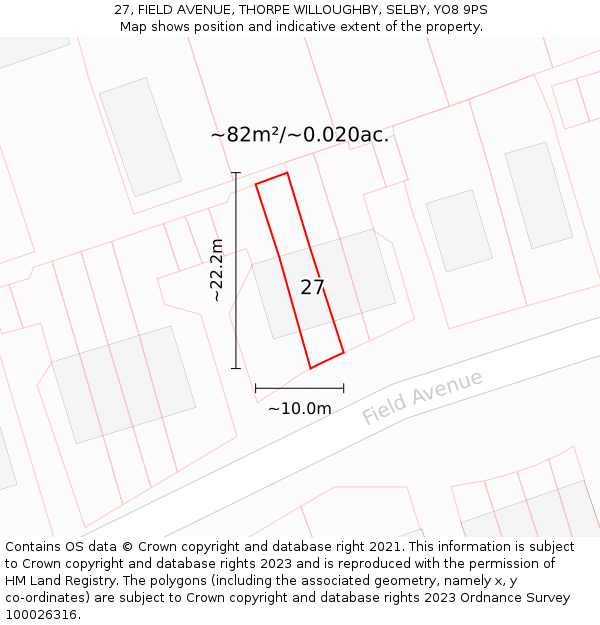 27, FIELD AVENUE, THORPE WILLOUGHBY, SELBY, YO8 9PS: Plot and title map