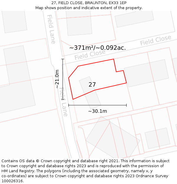 27, FIELD CLOSE, BRAUNTON, EX33 1EP: Plot and title map