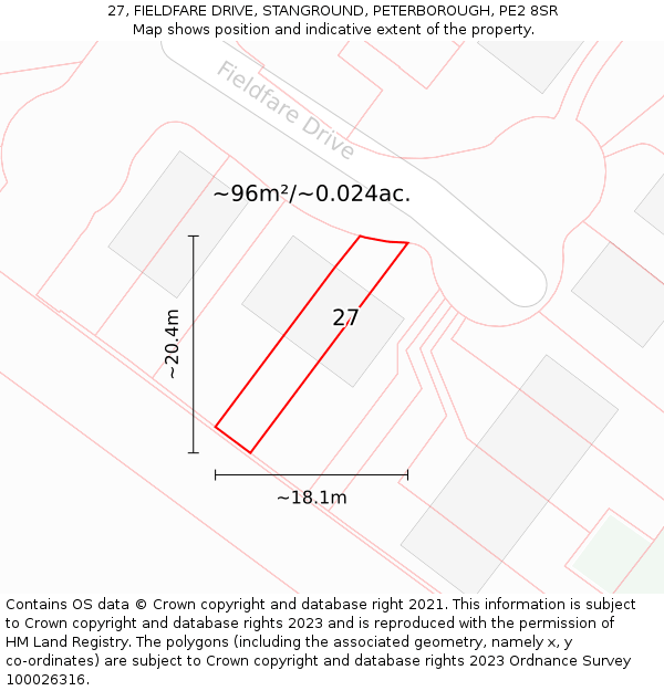 27, FIELDFARE DRIVE, STANGROUND, PETERBOROUGH, PE2 8SR: Plot and title map