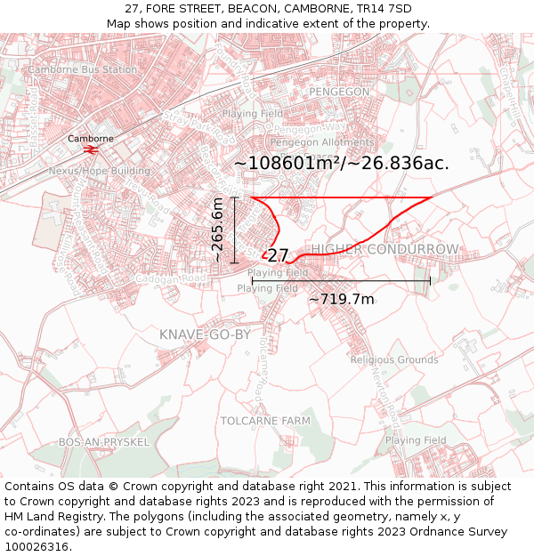 27, FORE STREET, BEACON, CAMBORNE, TR14 7SD: Plot and title map