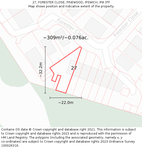 27, FORESTER CLOSE, PINEWOOD, IPSWICH, IP8 3TF: Plot and title map