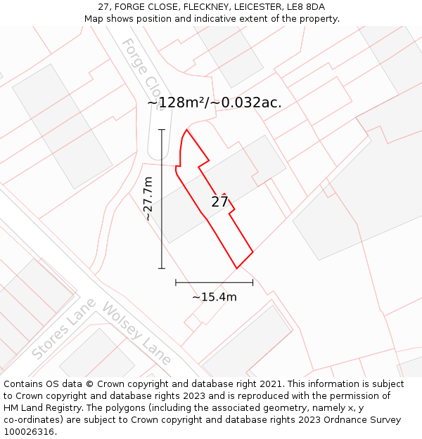27, FORGE CLOSE, FLECKNEY, LEICESTER, LE8 8DA: Plot and title map