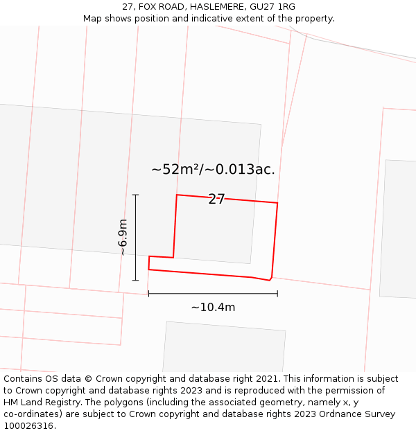 27, FOX ROAD, HASLEMERE, GU27 1RG: Plot and title map