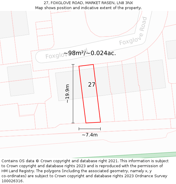 27, FOXGLOVE ROAD, MARKET RASEN, LN8 3NX: Plot and title map