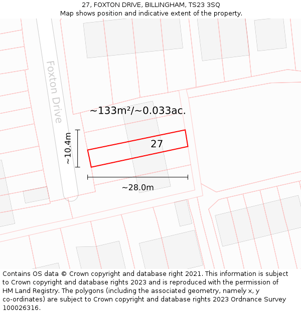 27, FOXTON DRIVE, BILLINGHAM, TS23 3SQ: Plot and title map