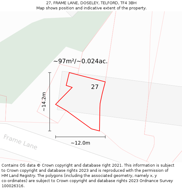 27, FRAME LANE, DOSELEY, TELFORD, TF4 3BH: Plot and title map