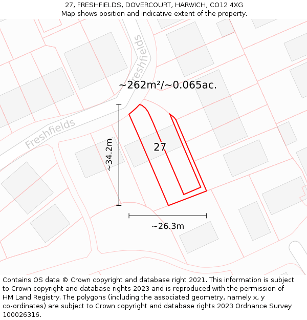 27, FRESHFIELDS, DOVERCOURT, HARWICH, CO12 4XG: Plot and title map