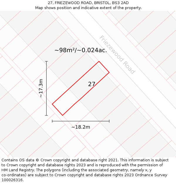 27, FRIEZEWOOD ROAD, BRISTOL, BS3 2AD: Plot and title map