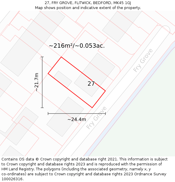 27, FRY GROVE, FLITWICK, BEDFORD, MK45 1GJ: Plot and title map