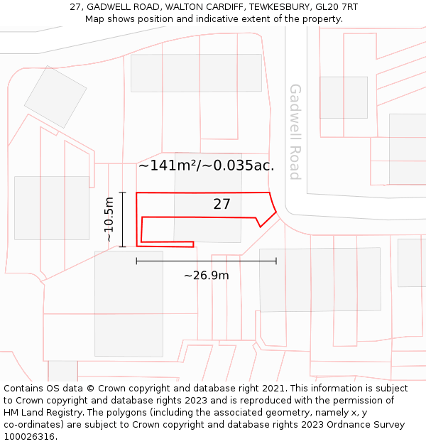 27, GADWELL ROAD, WALTON CARDIFF, TEWKESBURY, GL20 7RT: Plot and title map