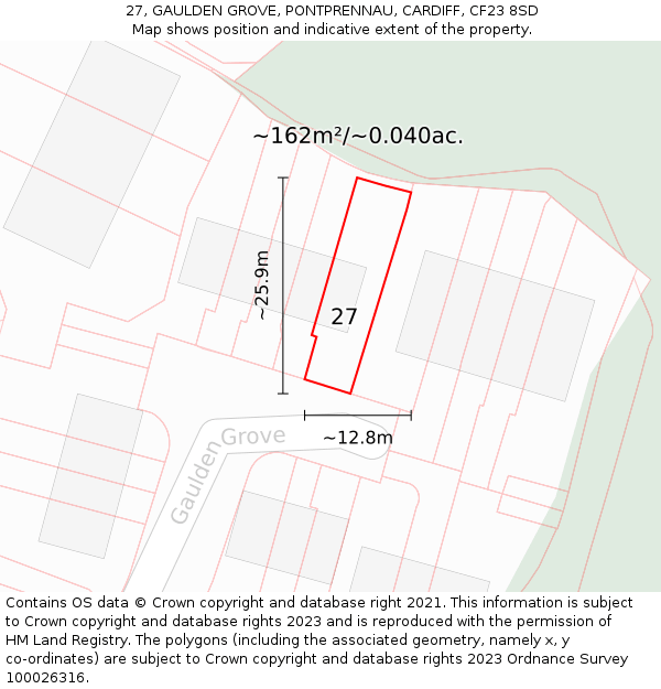 27, GAULDEN GROVE, PONTPRENNAU, CARDIFF, CF23 8SD: Plot and title map