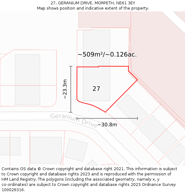 27, GERANIUM DRIVE, MORPETH, NE61 3EY: Plot and title map