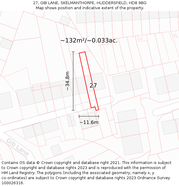 27, GIB LANE, SKELMANTHORPE, HUDDERSFIELD, HD8 9BG: Plot and title map