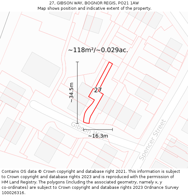 27, GIBSON WAY, BOGNOR REGIS, PO21 1AW: Plot and title map