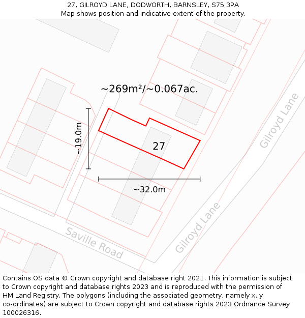 27, GILROYD LANE, DODWORTH, BARNSLEY, S75 3PA: Plot and title map