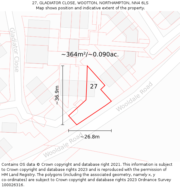 27, GLADIATOR CLOSE, WOOTTON, NORTHAMPTON, NN4 6LS: Plot and title map
