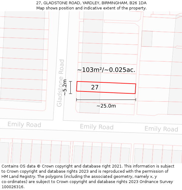 27, GLADSTONE ROAD, YARDLEY, BIRMINGHAM, B26 1DA: Plot and title map