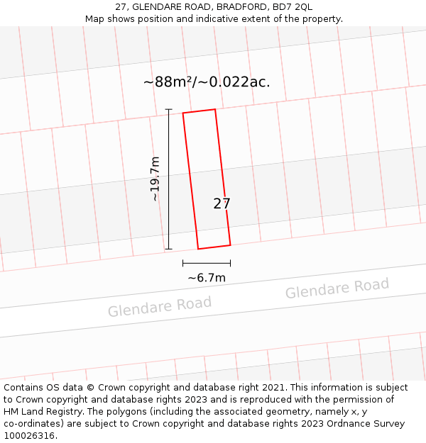 27, GLENDARE ROAD, BRADFORD, BD7 2QL: Plot and title map