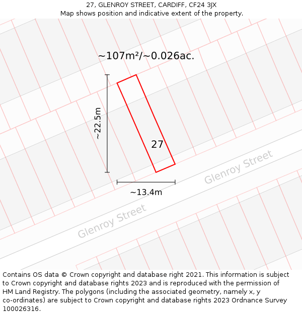 27, GLENROY STREET, CARDIFF, CF24 3JX: Plot and title map