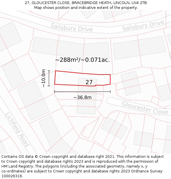 27, GLOUCESTER CLOSE, BRACEBRIDGE HEATH, LINCOLN, LN4 2TB: Plot and title map