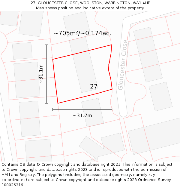 27, GLOUCESTER CLOSE, WOOLSTON, WARRINGTON, WA1 4HP: Plot and title map