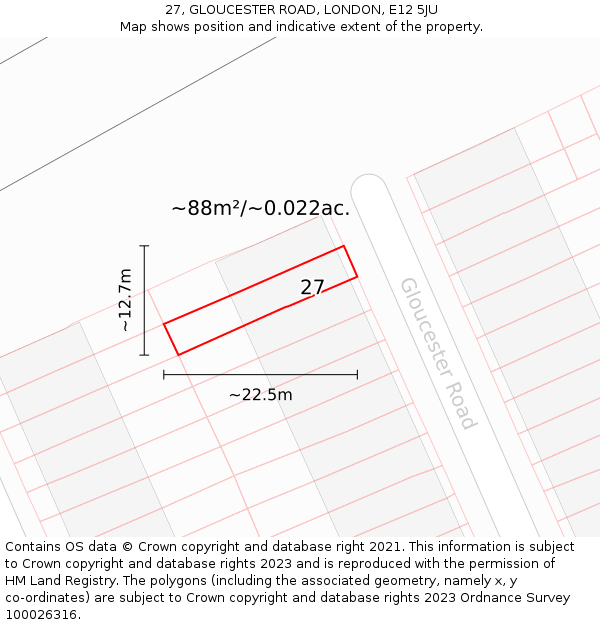 27, GLOUCESTER ROAD, LONDON, E12 5JU: Plot and title map